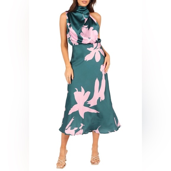 Petal & Pup Dresses & Skirts - Anabelle Mock Neck Satin Midi Dress US M Teal Pink Mock Neck Cocktail Wedding